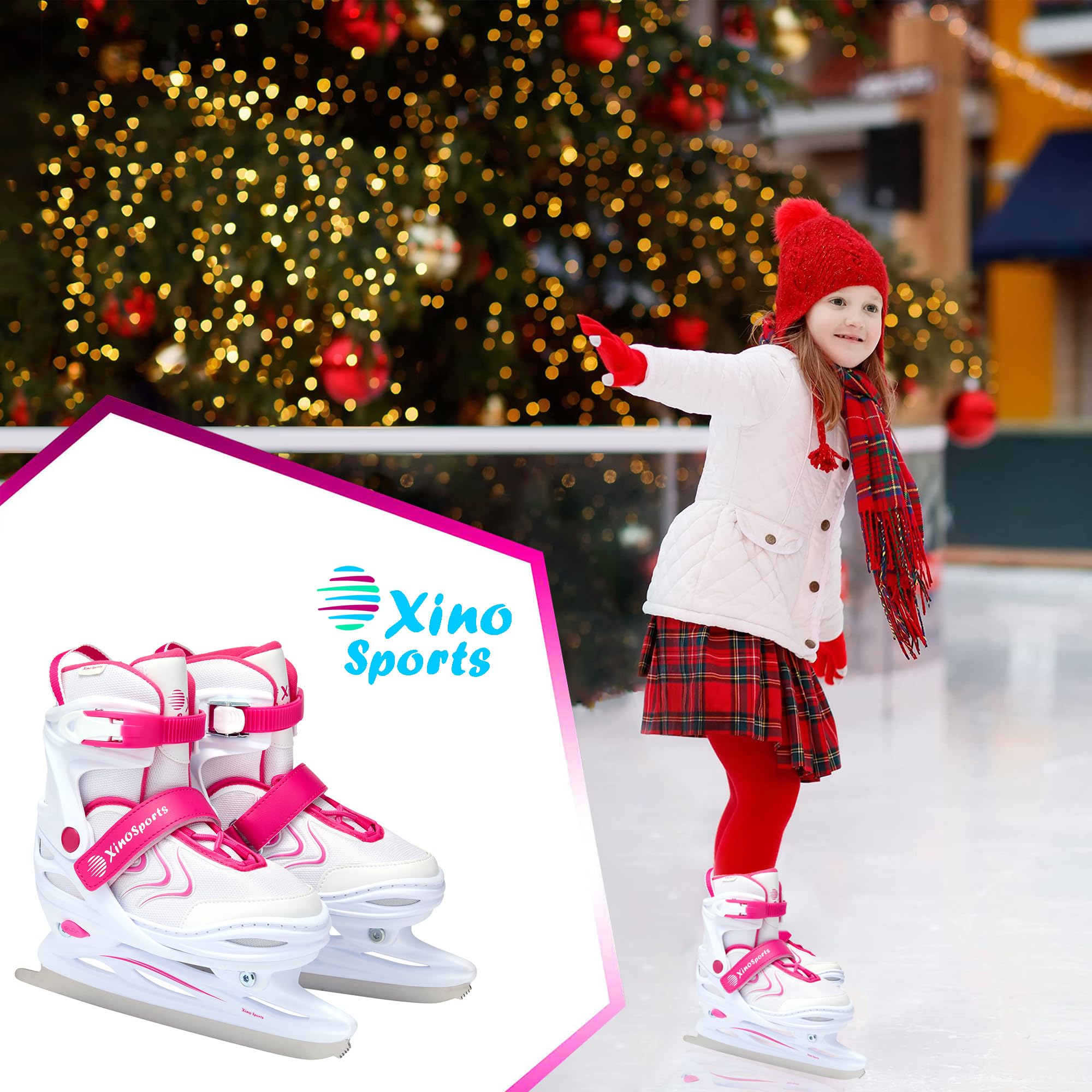 Xino Sports size comparison with toddler foot showing grow-with-you fit