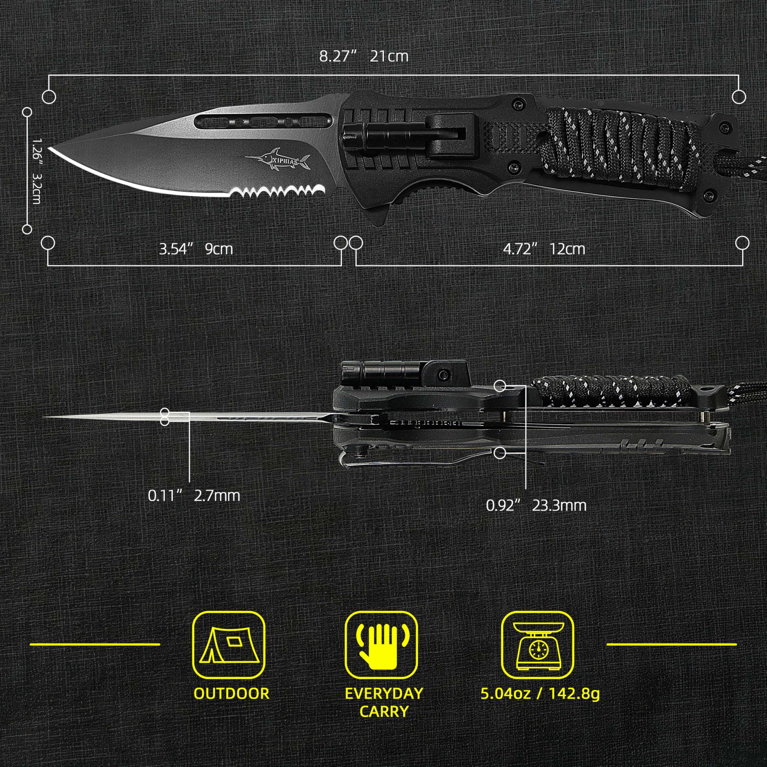 XIPHIAS open blade side profile showing black stainless edge for reliable cutting
