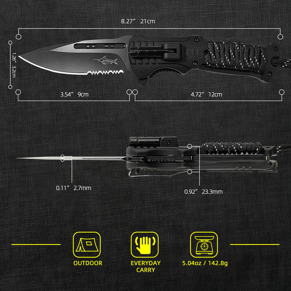 XIPHIAS open blade side profile showing black stainless edge for reliable cutting