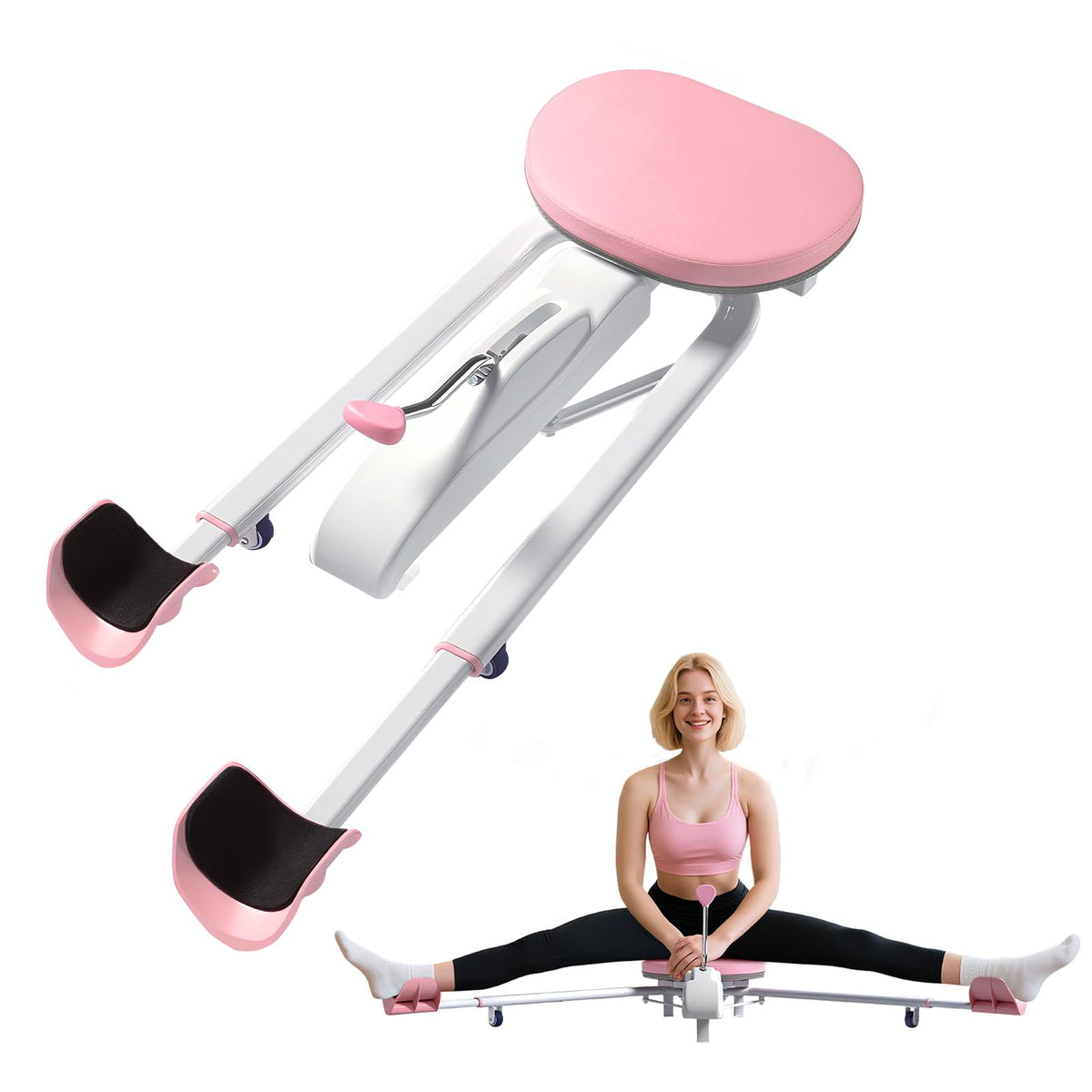 XISZMOG pink split machine front view showing sturdy frame and controls for safe stretching