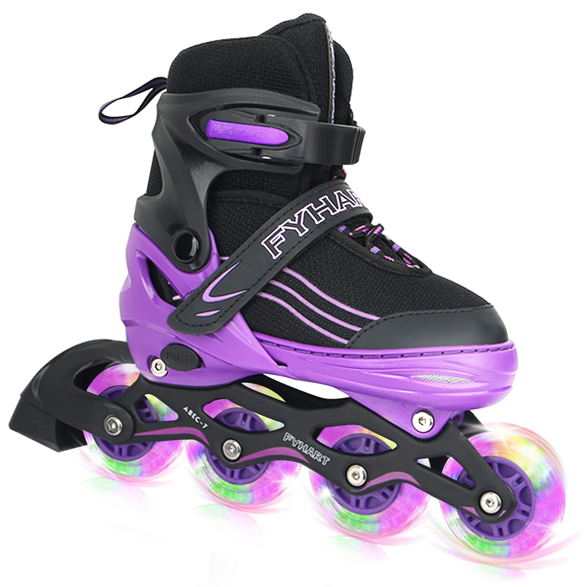 XRZT front view of skates showing black and purple design and fit benefit