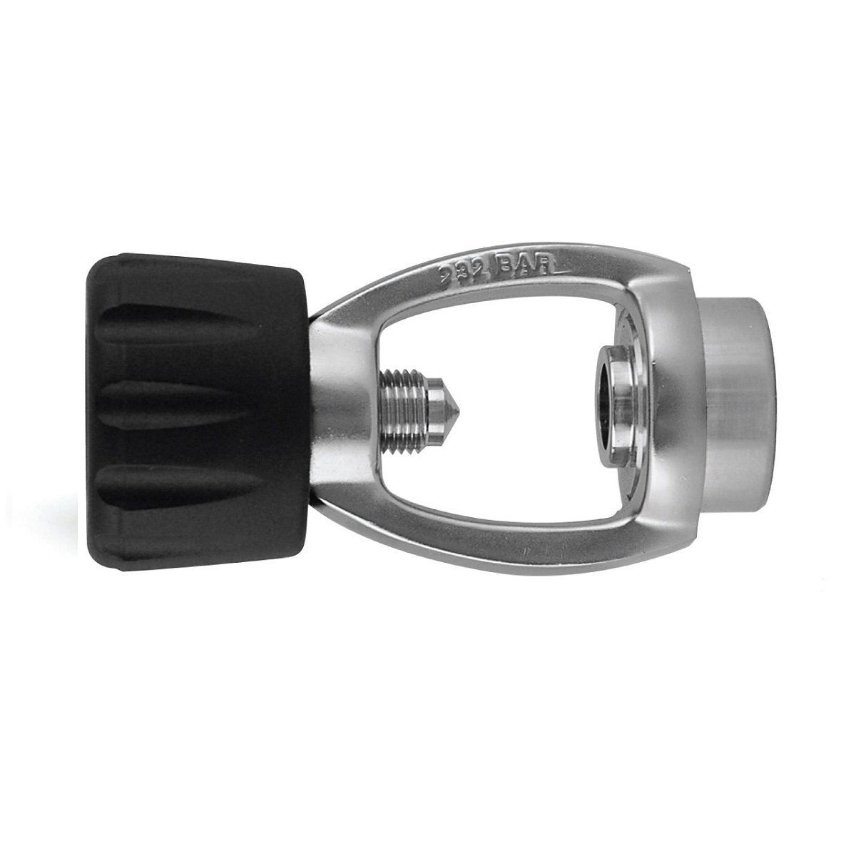 XS Scuba chrome spin-on yoke front view showing secure conversion benefit
