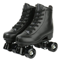 XUDREZ front view black skates showing full silhouette and stable quad design