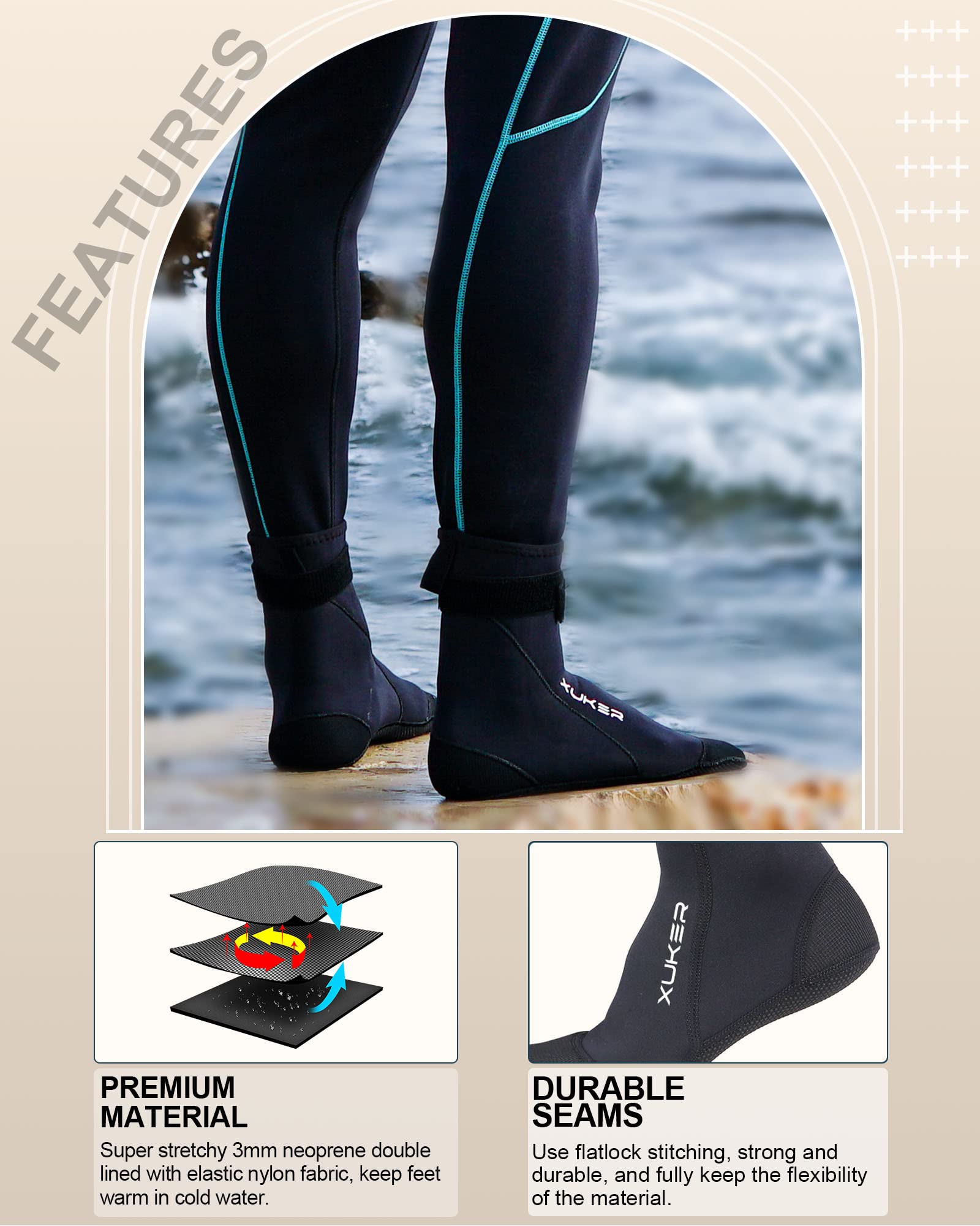 XUKER close-up of neoprene texture, comfortable flexible fit