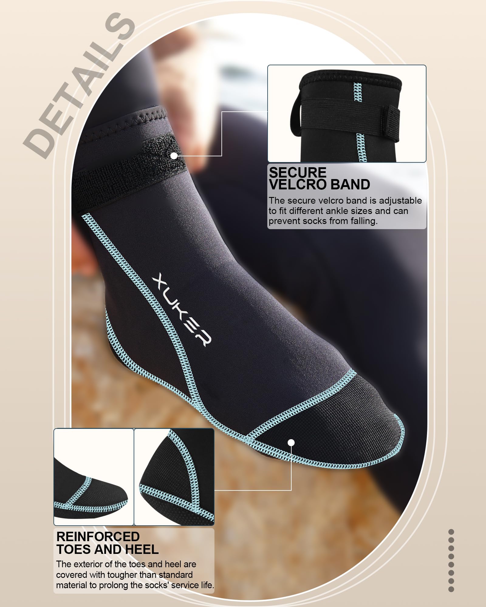 XUKER worn on foot demonstrating flexible fit and ankle seal benefit