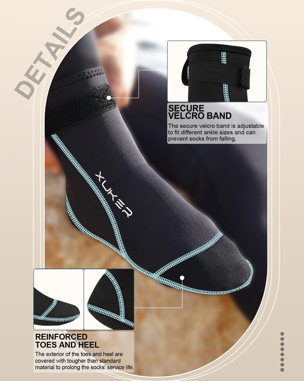 XUKER worn on foot demonstrating flexible fit and ankle seal benefit