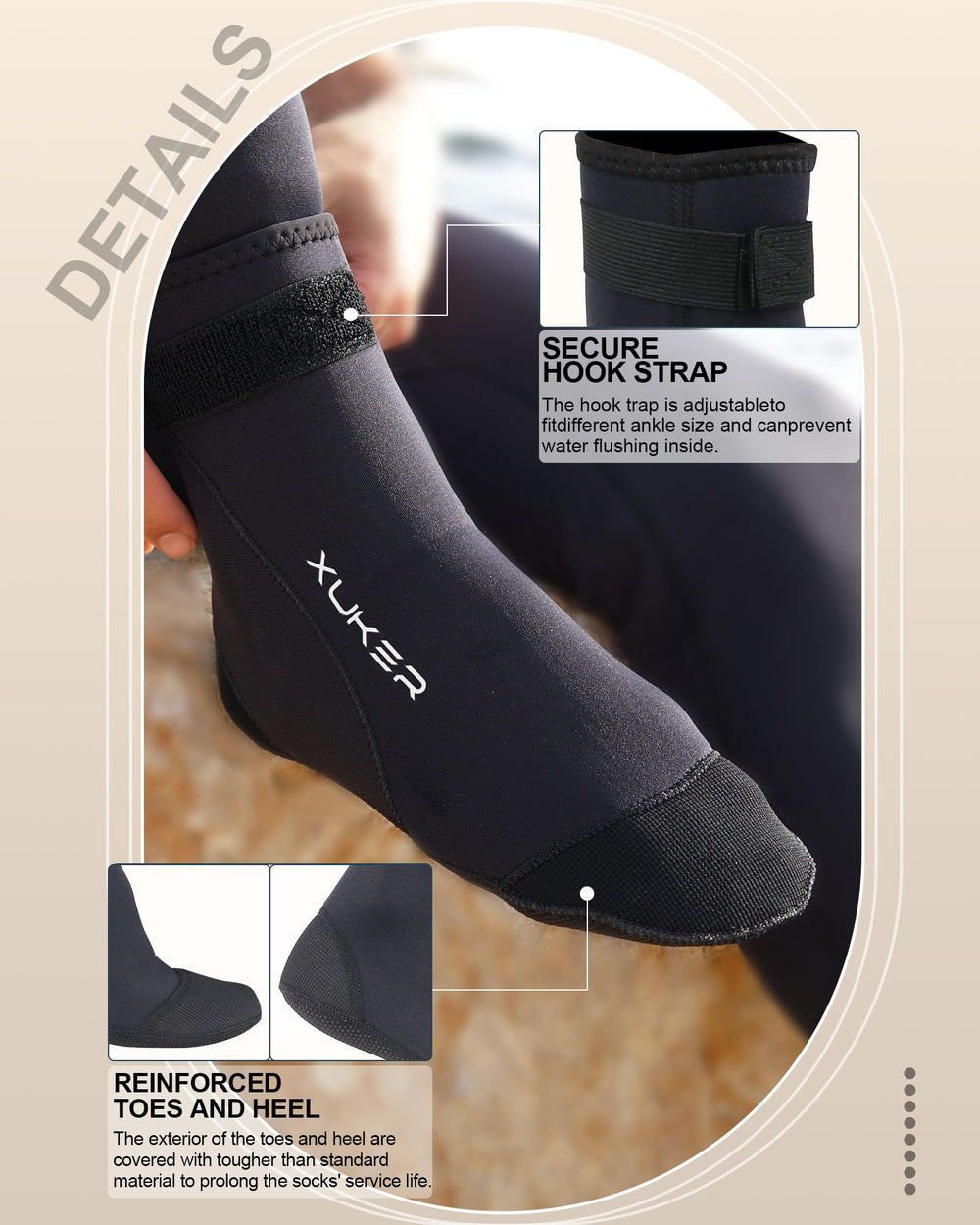 XUKER sole detail showing anti-slip coating, improves grip on wet surfaces
