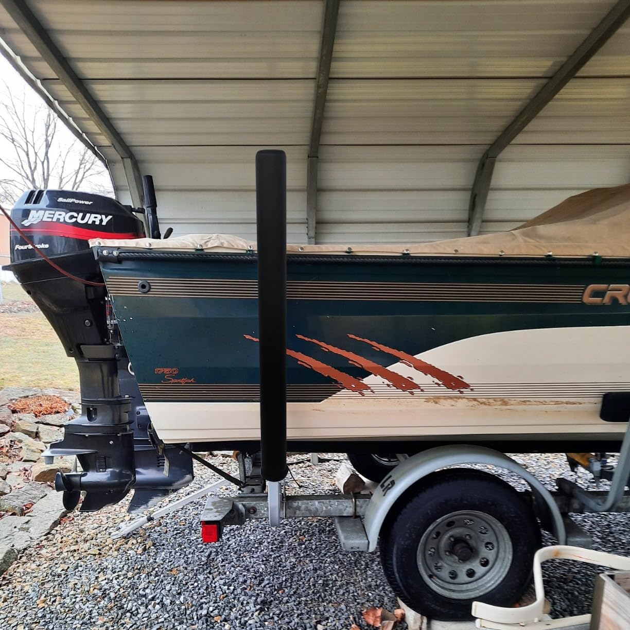 Xumbtvs covers on boat trailer at marina showing hull scratch protection