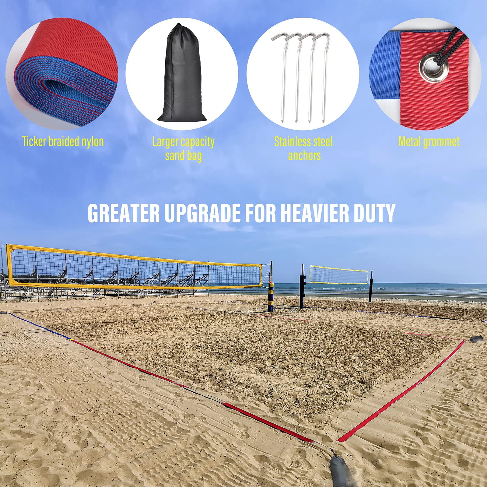 XXXYYY sand bags close-up showing tie attachments and beach stability