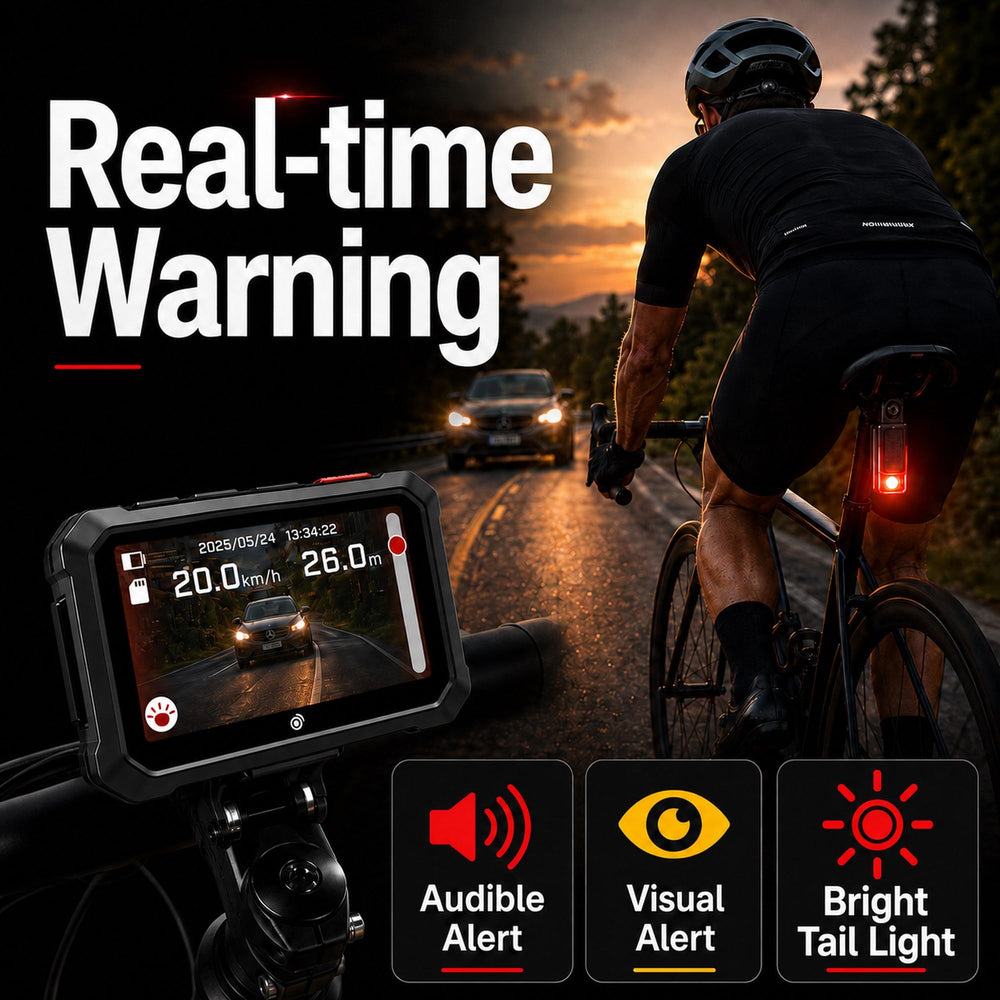 XYBERVU VeloScope display closeup with live 1080P rear feed for quick situational awareness