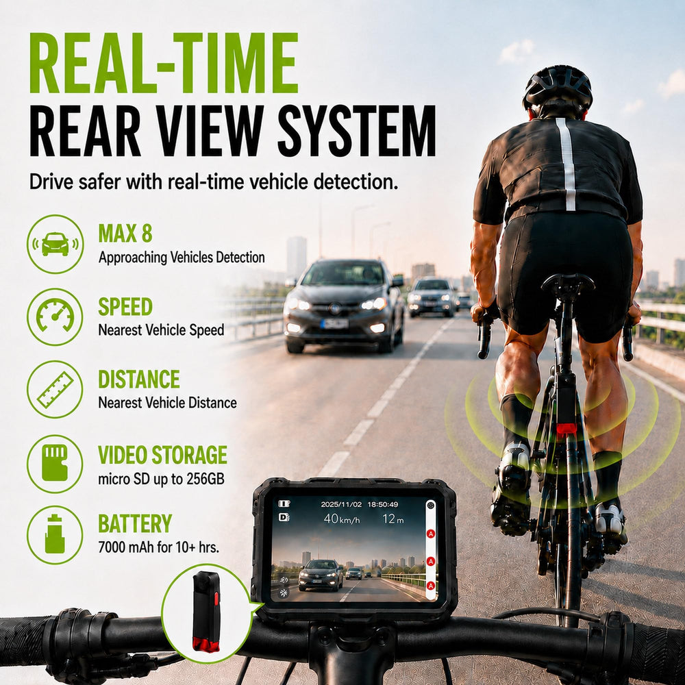 XYBERVU VeloScope mounted on road bike handlebars for hands-free rear monitoring on rides