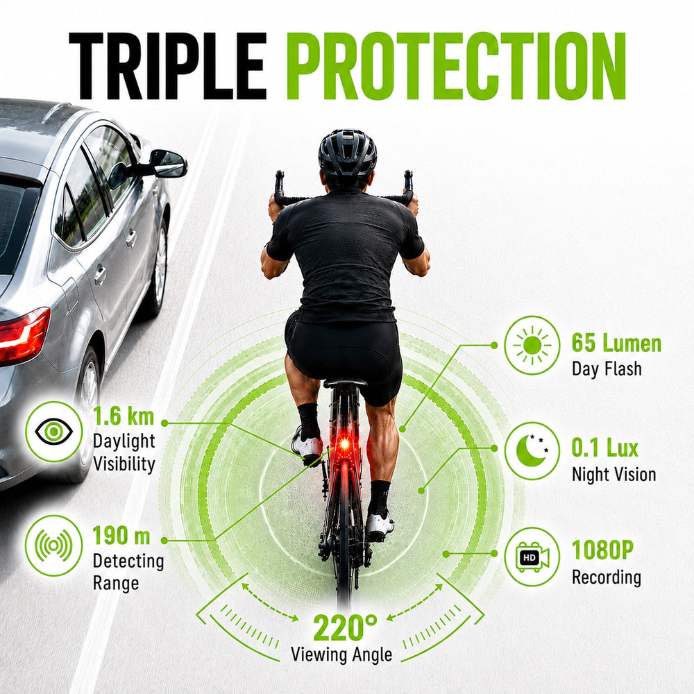 XYBERVU VeloScope tail light glowing at night to improve cyclist visibility in low light