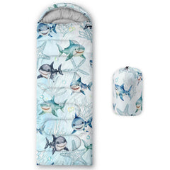 XYNHML front view of blue shark sleeping bag showing playful design and full coverage