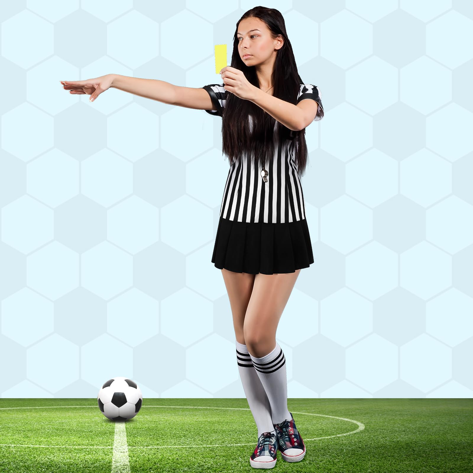 Yahenda model wearing full referee outfit useful for Halloween parties