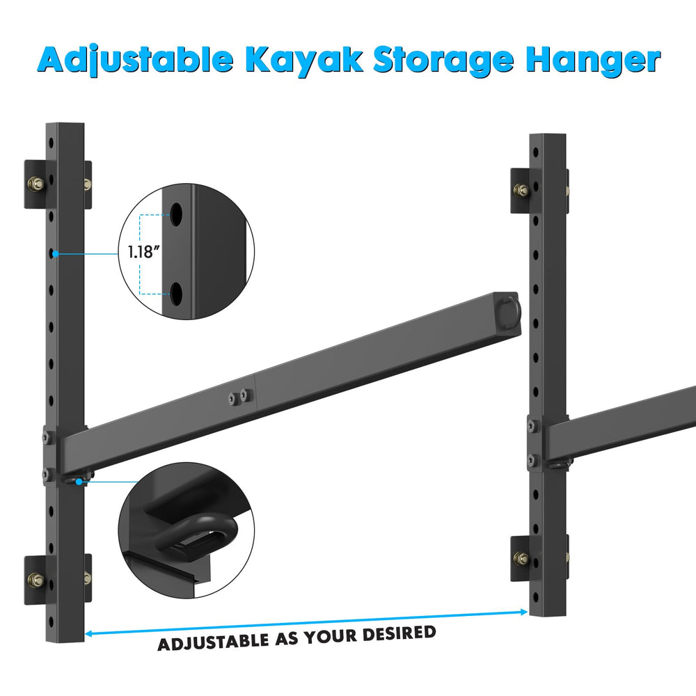 YAJONUE installed in garage holding multiple kayaks to maximize storage efficiency