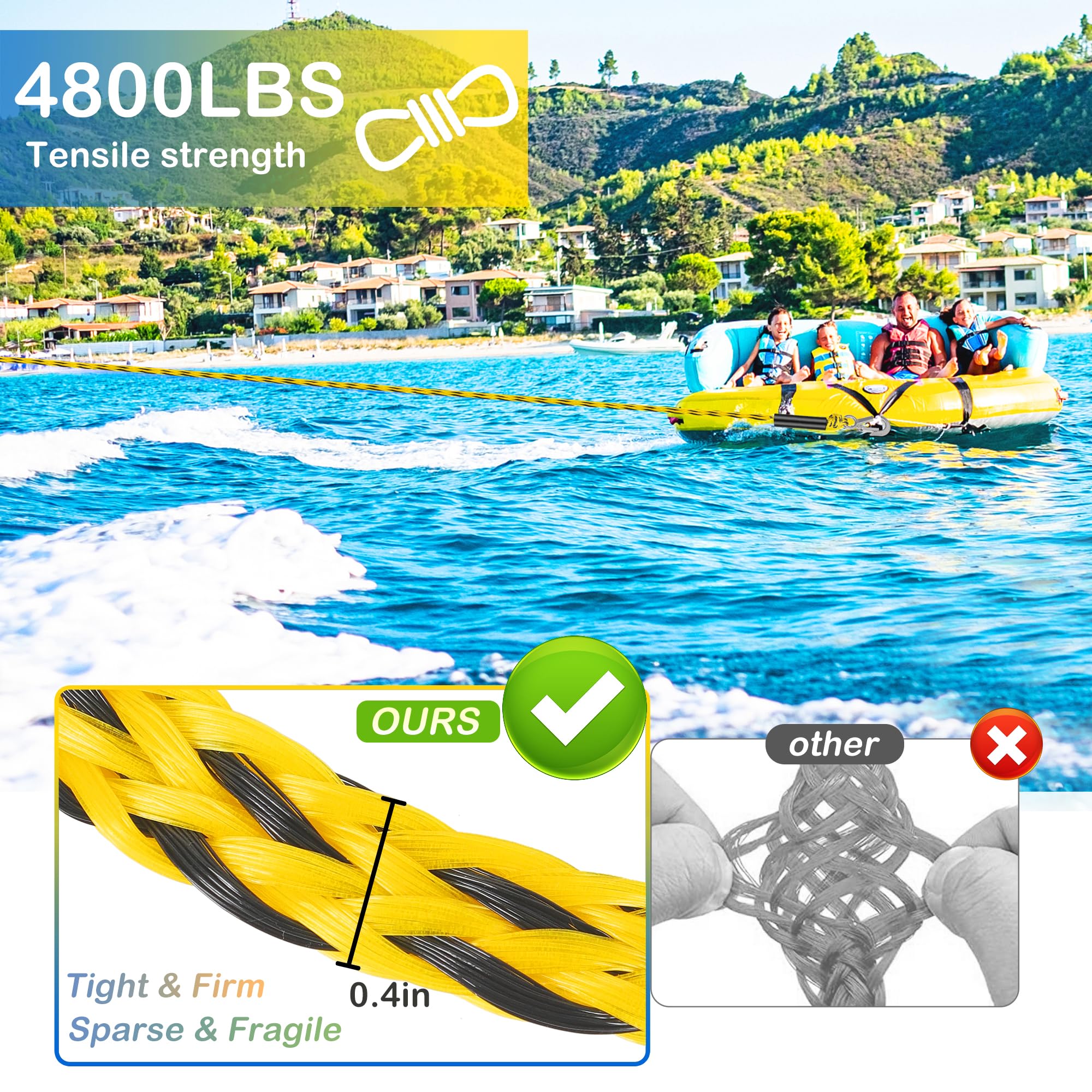 YAXSHIMU braided rope texture showing durable 16-strand PE and abrasion resistance