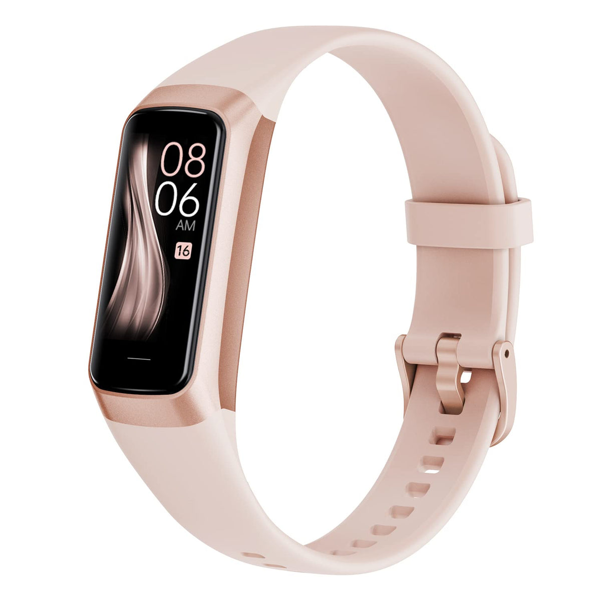 YBYHFAA front view showing pink watch face and AMOLED screen, clear readability benefit
