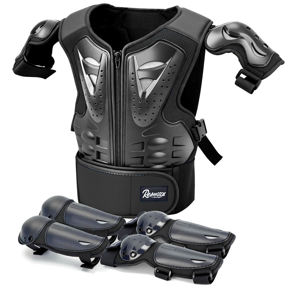 YEBCKZL front view of chest protector vest showing hard-shell protection and coverage