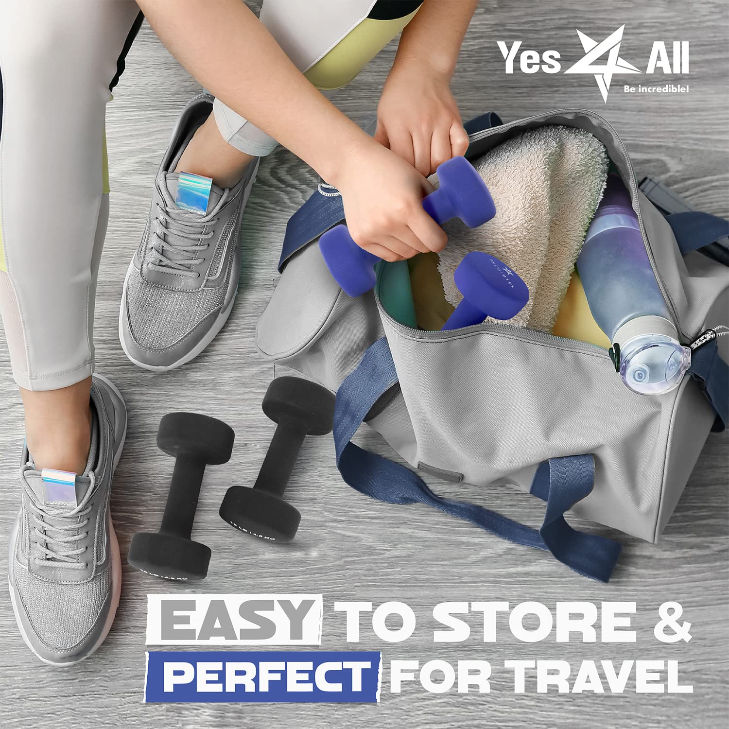 Yes4All pair packed in a gym bag illustrating portability and storage ease