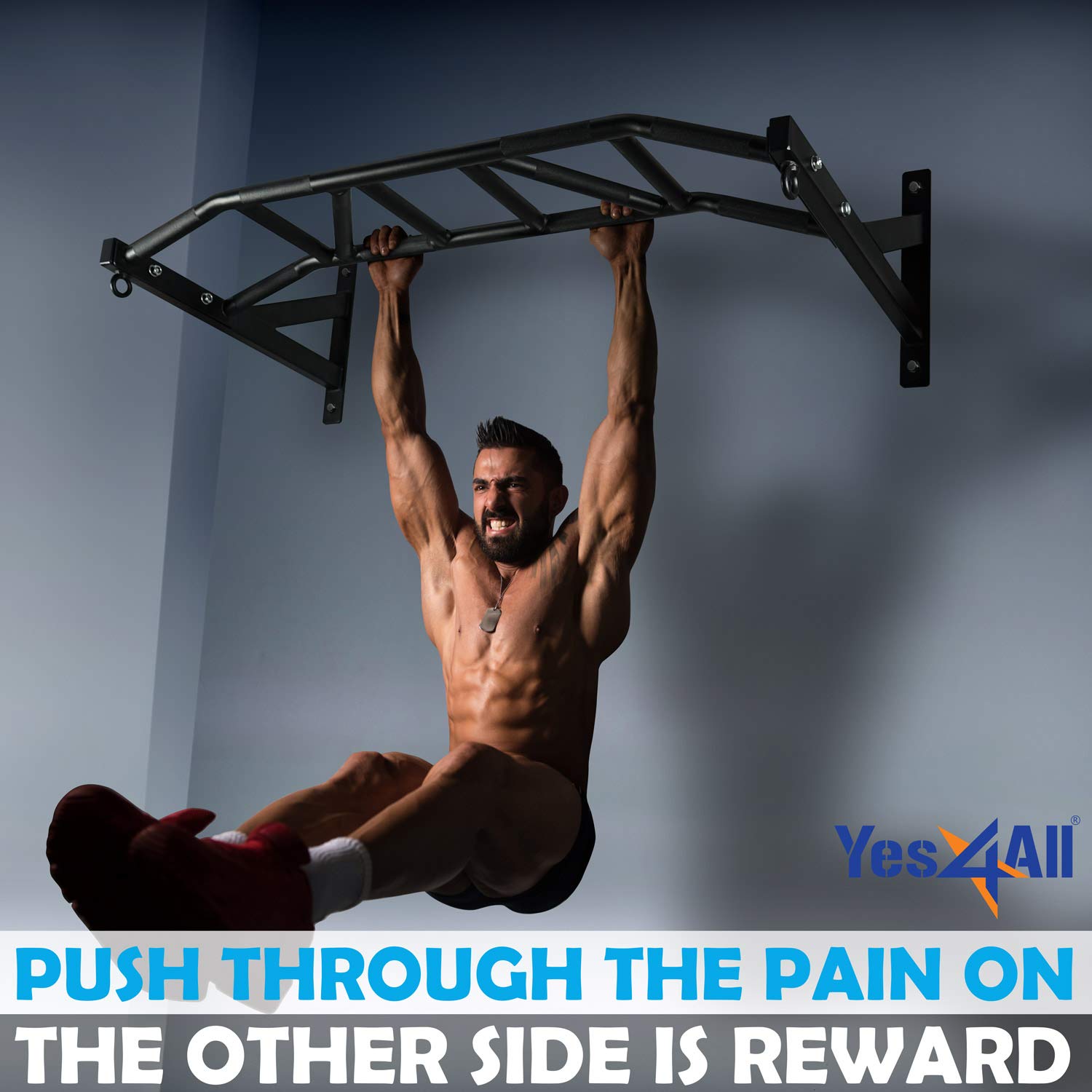 Yes4All pull up bar scale with athlete performing pull-up showing 48-inch width and human size reference