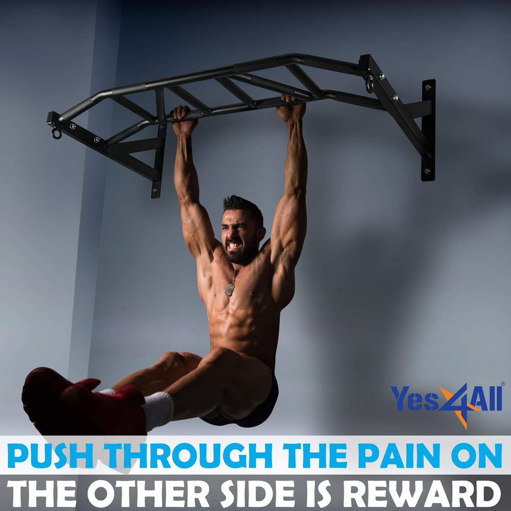 Yes4All pull up bar scale with athlete performing pull-up showing 48-inch width and human size reference