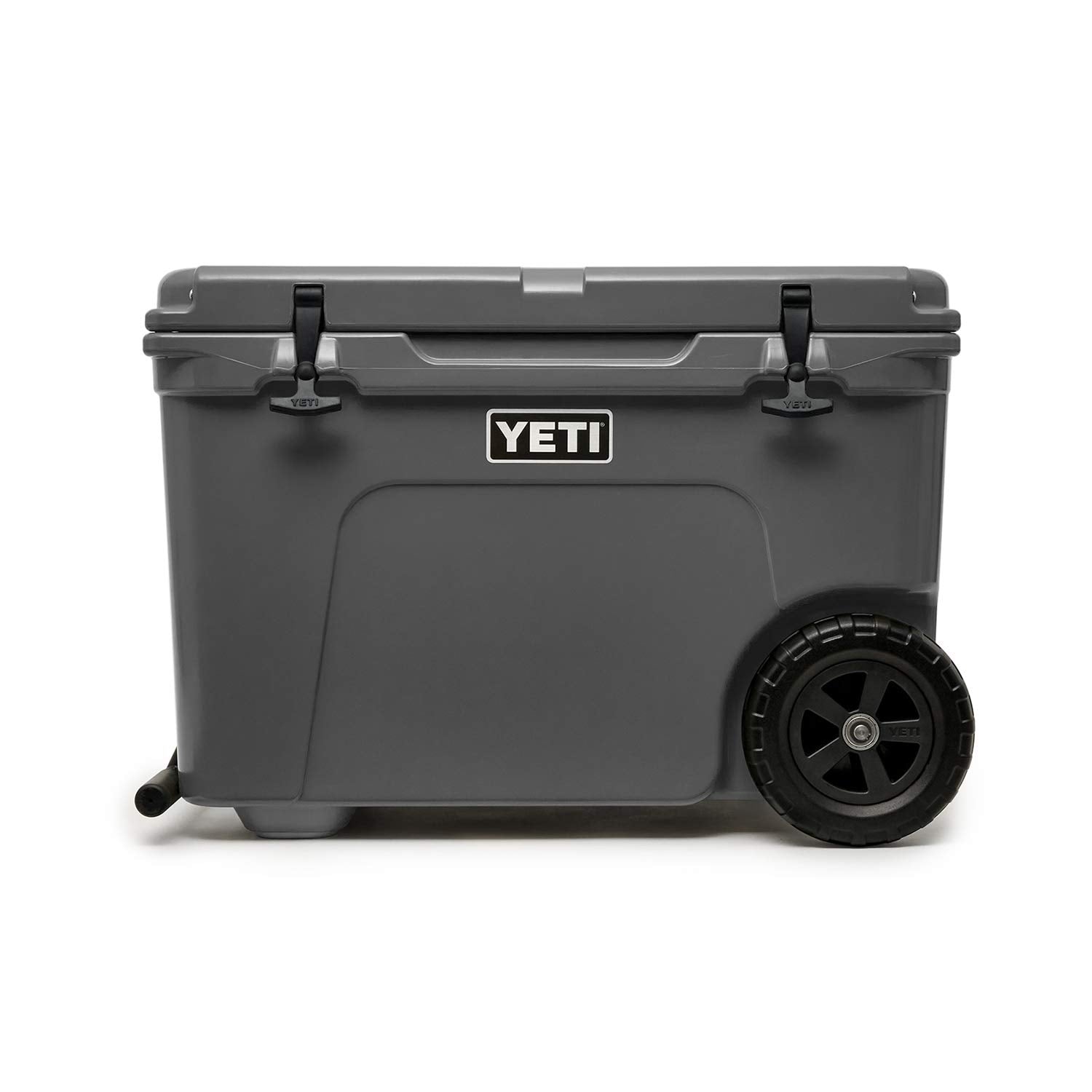 YETI Tundra Haul front view showing charcoal cooler and wheels for rugged portability
