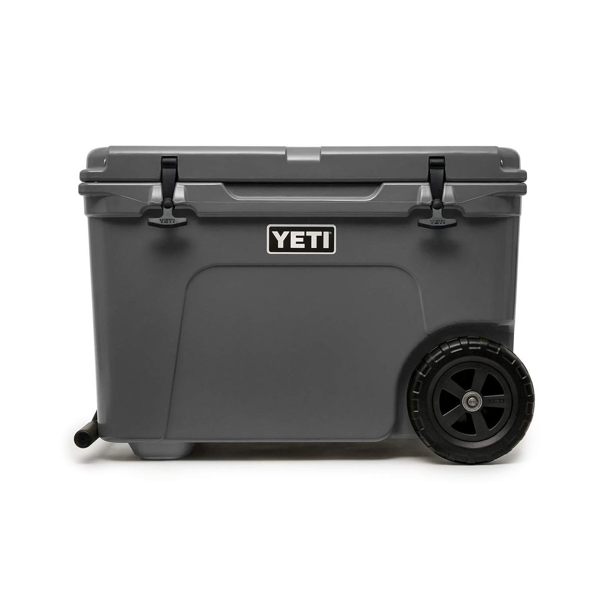 YETI Tundra Haul front view showing charcoal cooler and wheels for rugged portability