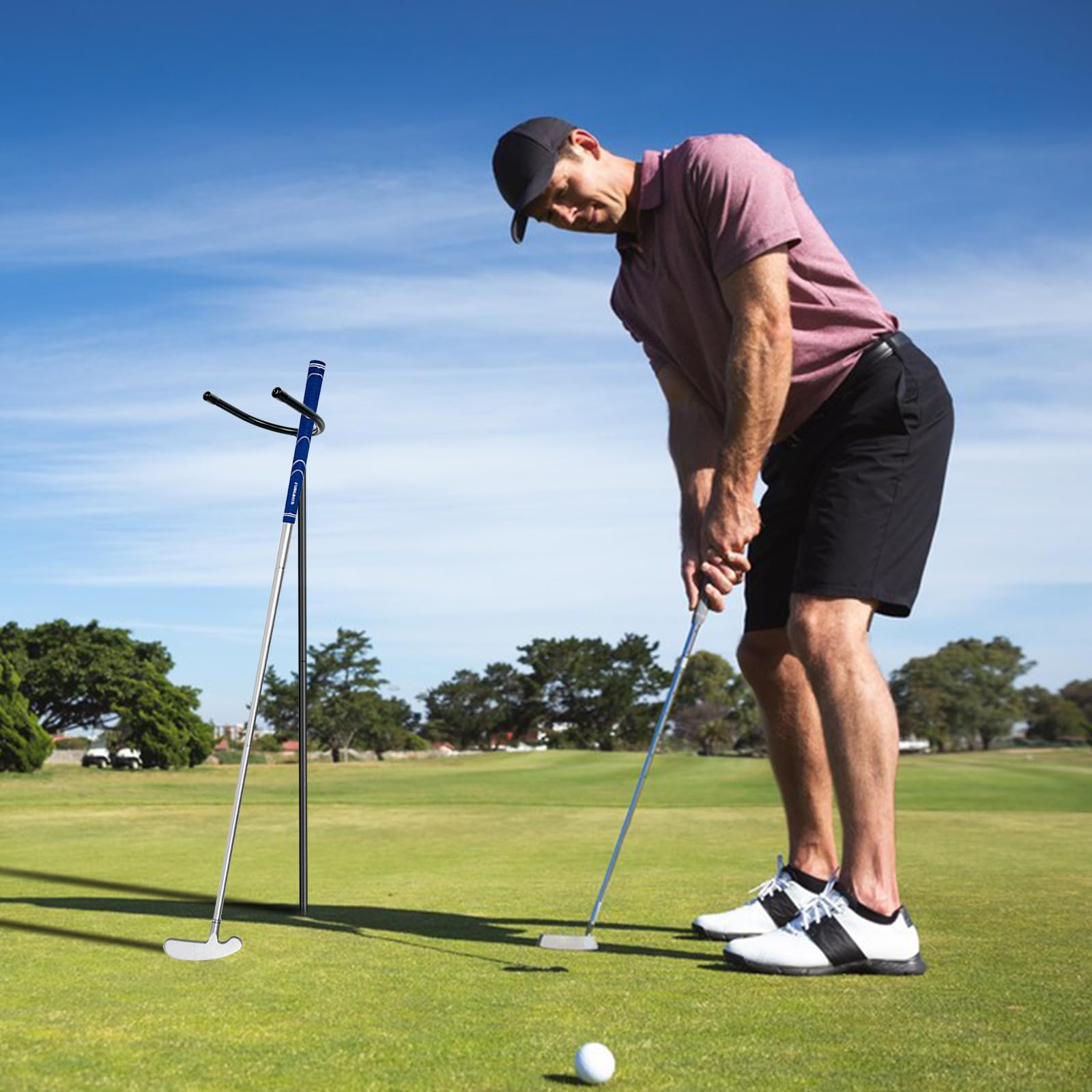 YEXEXINM club stand in use on a golf course lifting clubs off wet grass for cleaner clubs benefit