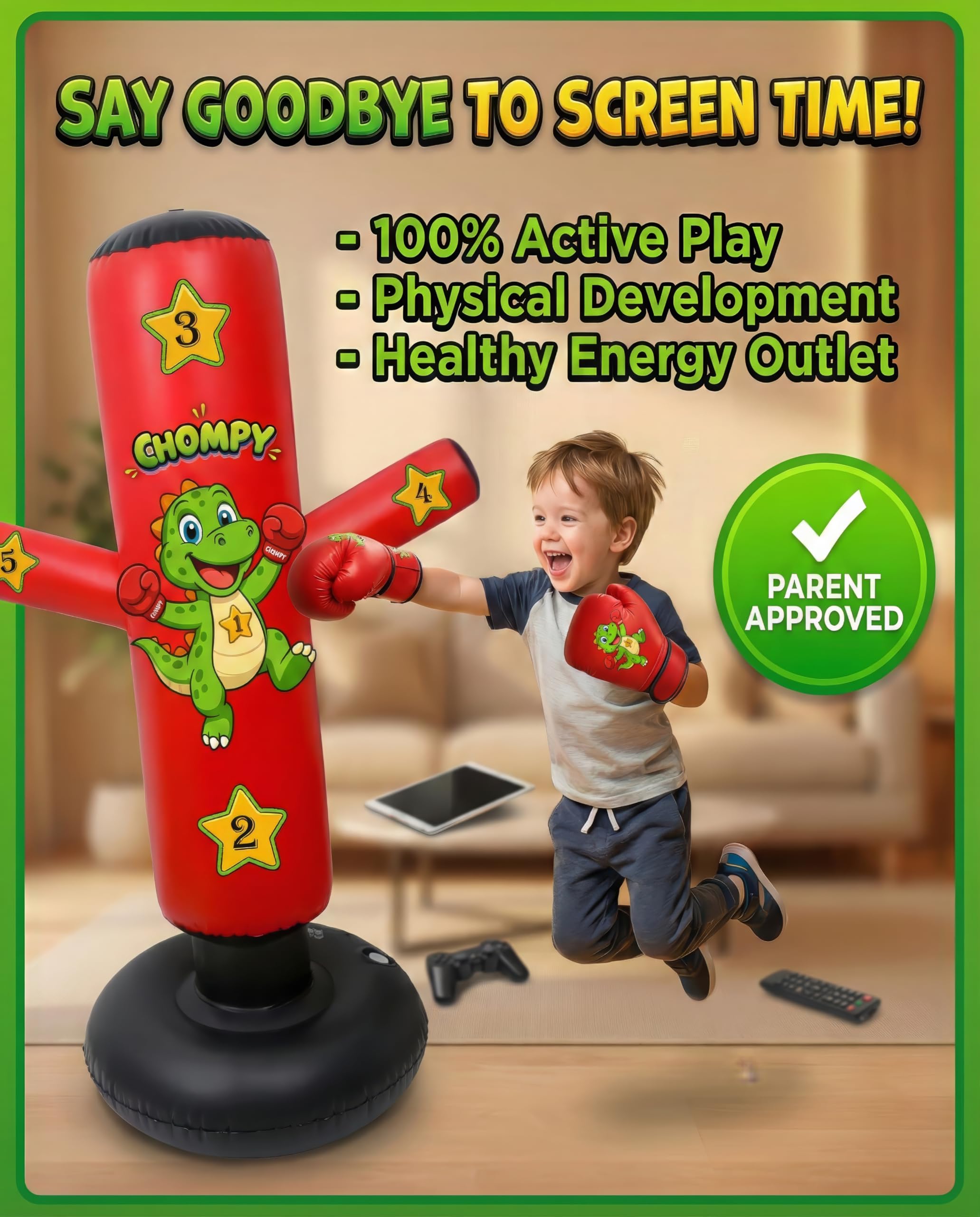 YGA Sports CHOMPY child punching bag in use promoting active play and coordination