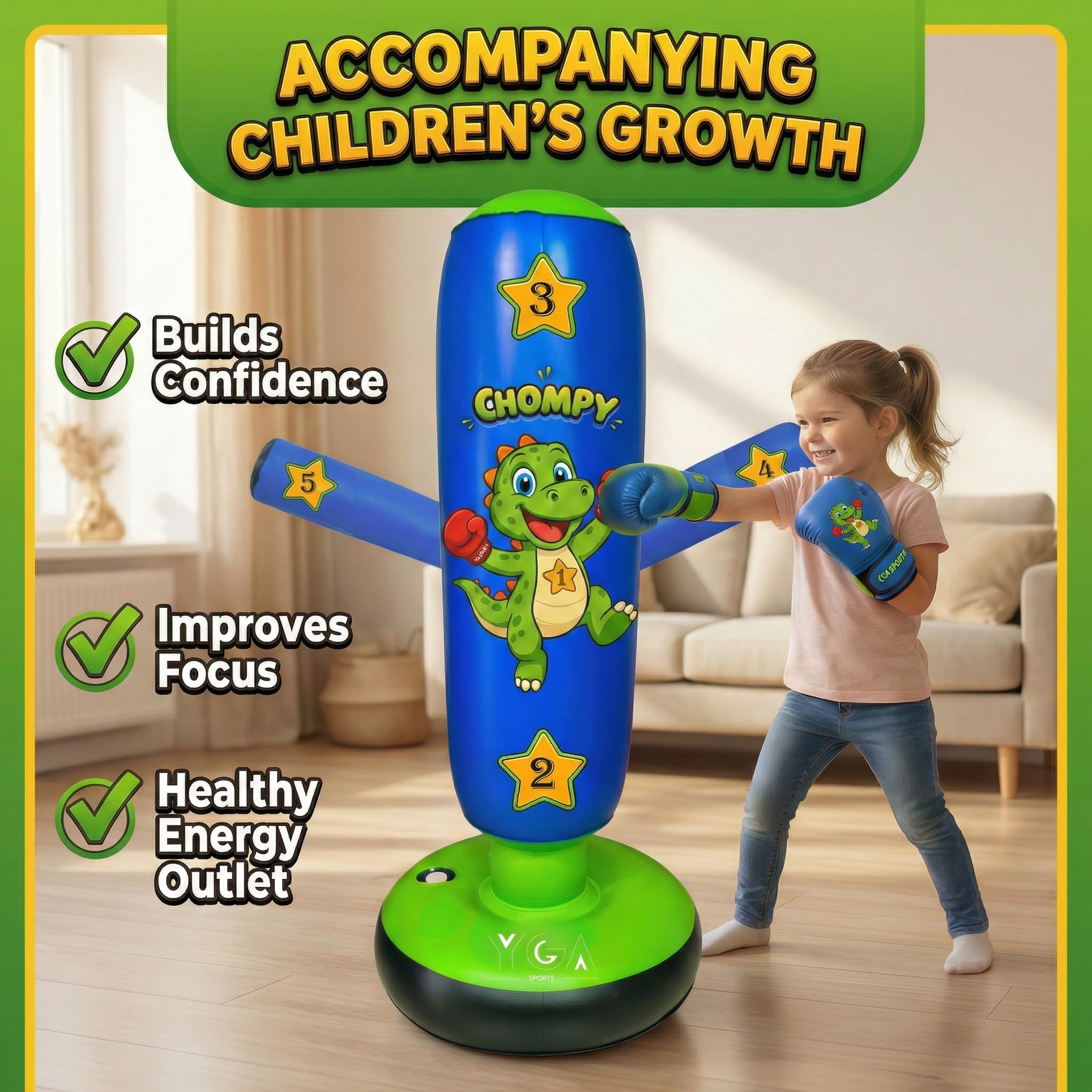 YGA Sports CHOMPY in use with child practicing punches indoors for active fun