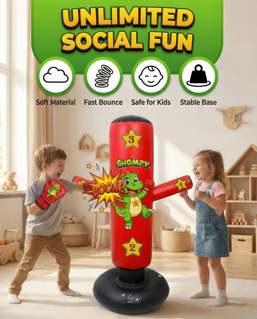 YGA Sports CHOMPY full dinosaur view highlighting stable base and fun design