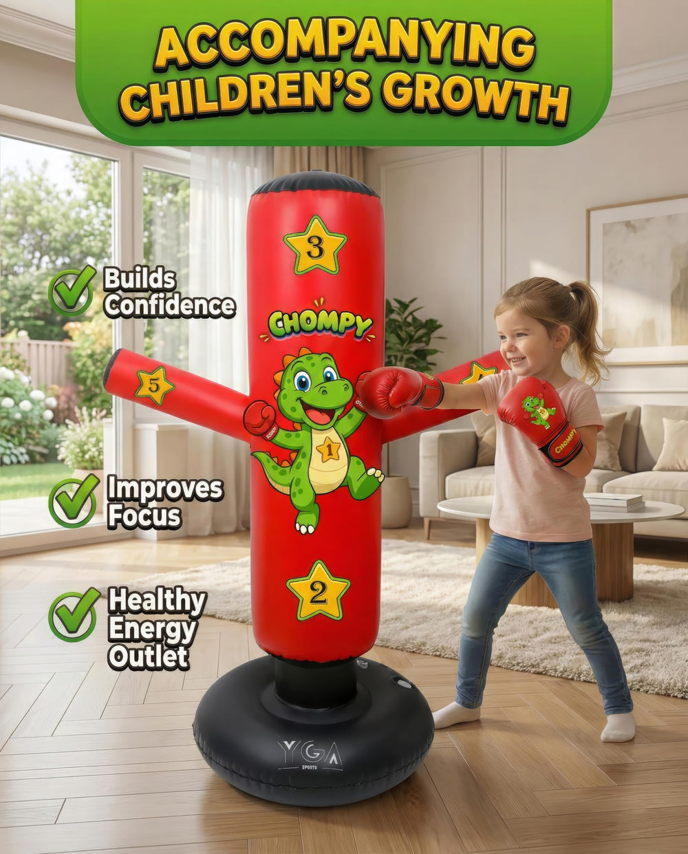 YGA Sports CHOMPY height comparison with child illustrating scale and fit