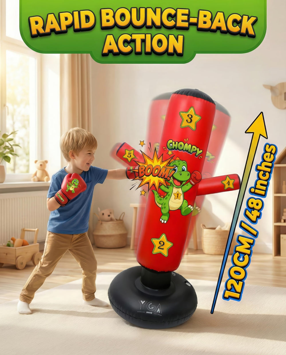 YGA Sports CHOMPY side arms detail demonstrating rebound action for quick combos