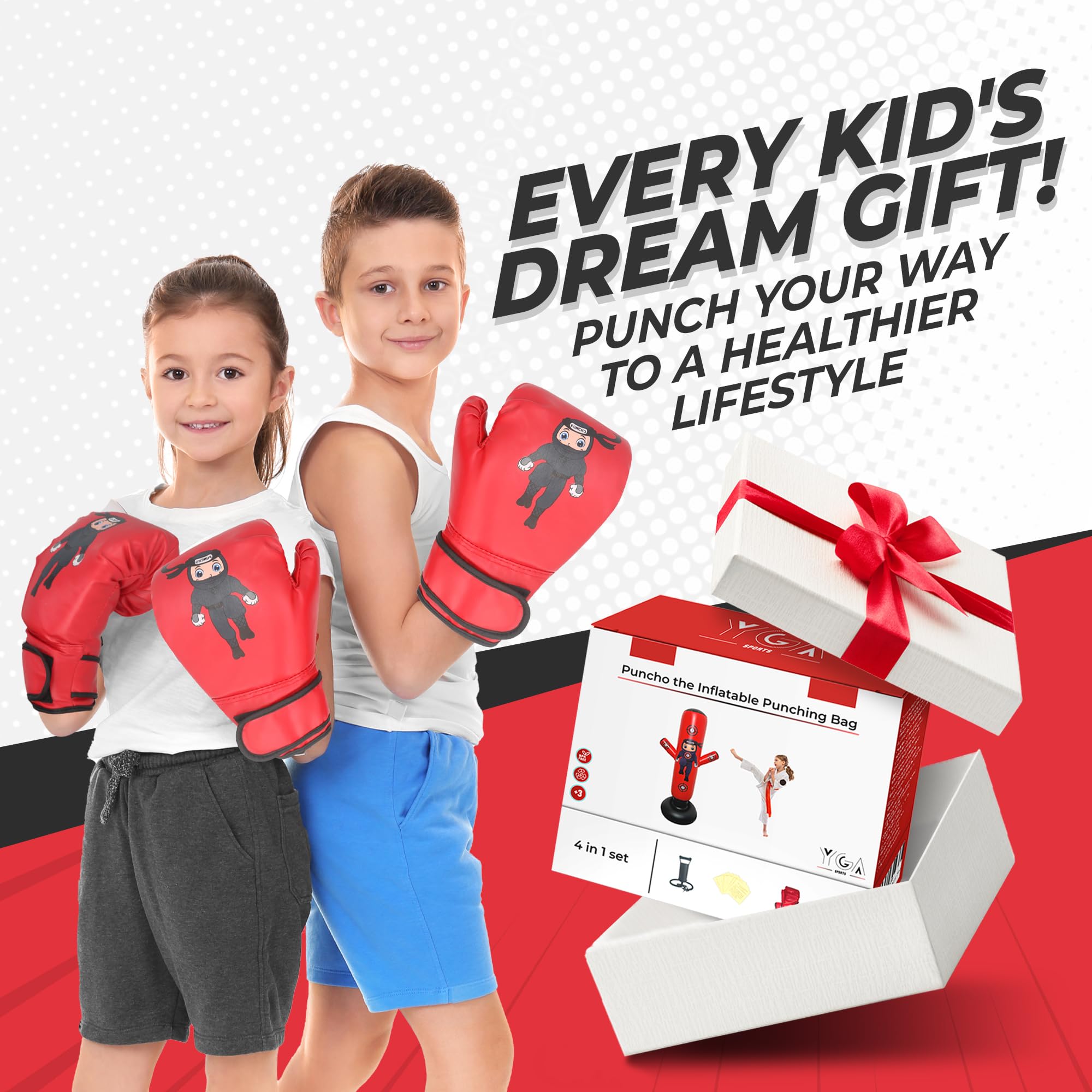 YGA Sports soft kids gloves and pump close-up for easy setup and safety