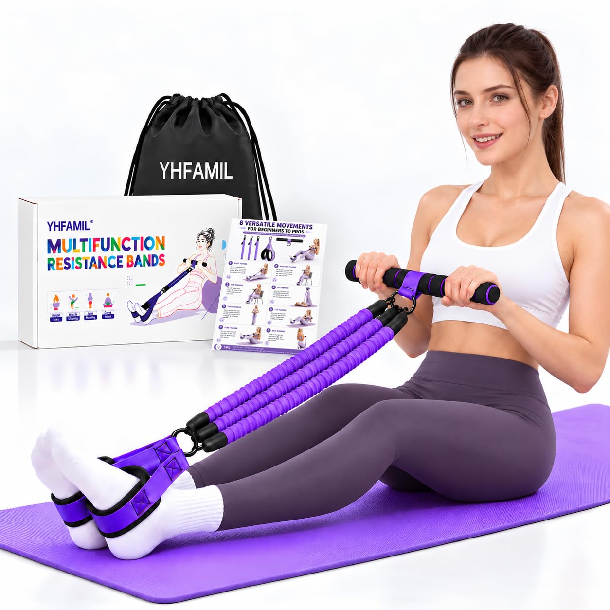YHFAMIL front view of pedal resistance band kit for portable workouts