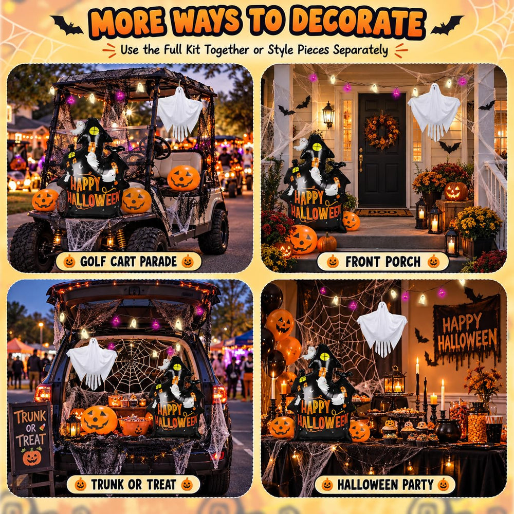 YIBOBO fully decorated golf cart in parade creating a cohesive Halloween display