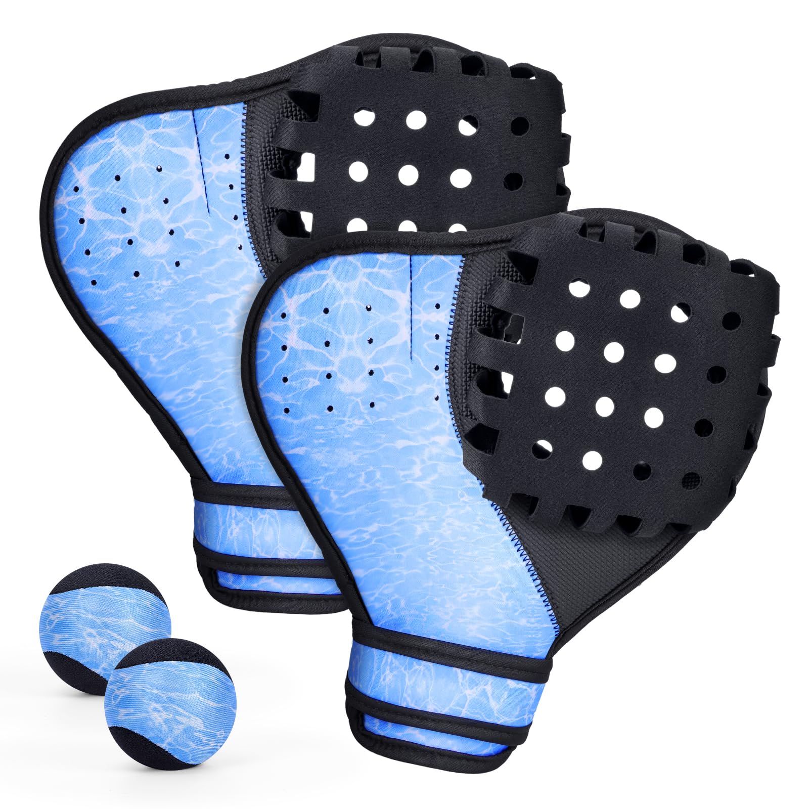 YIBOBO front view of mitts and balls showing complete set and quick setup benefit