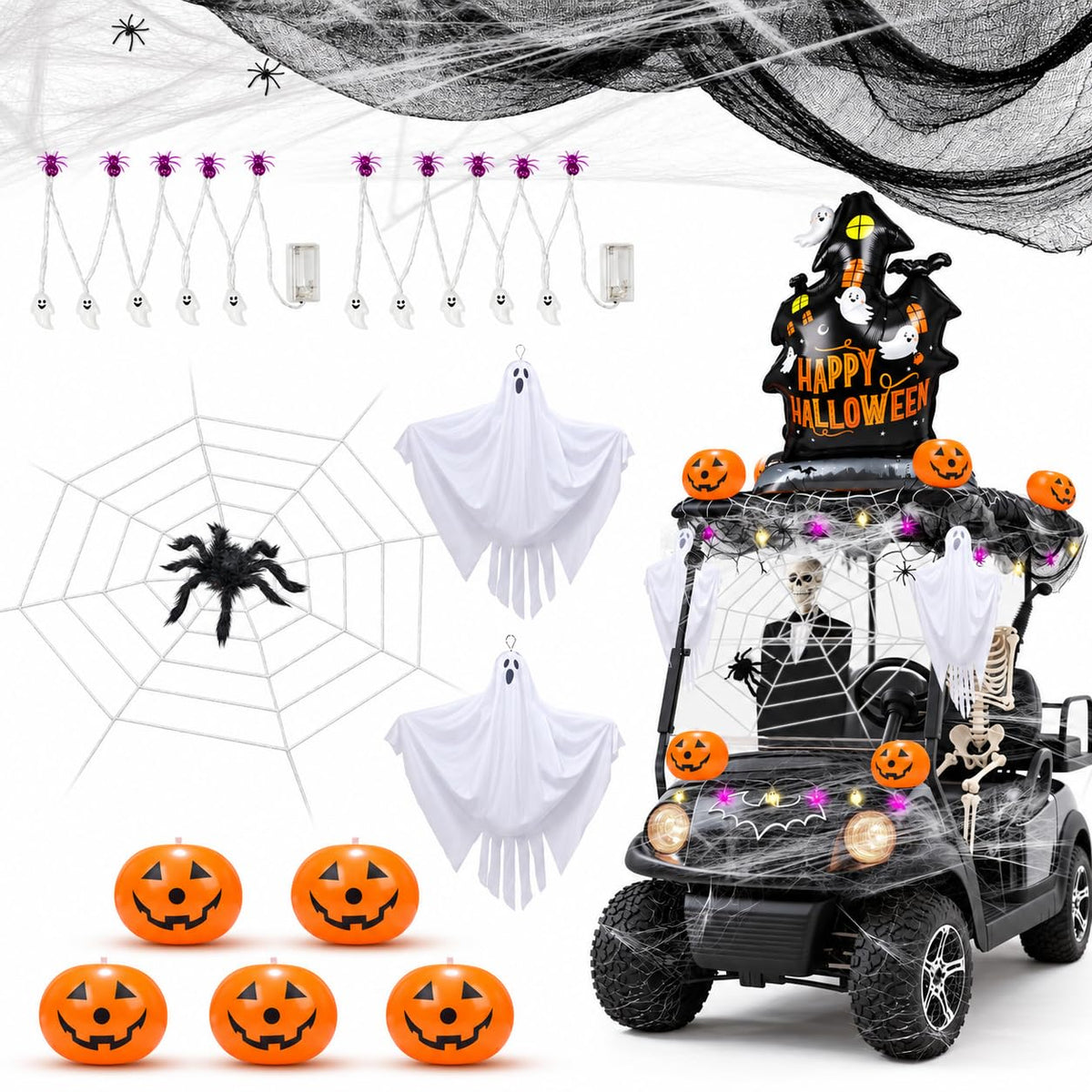 YIBOBO front view of golf cart decorated with ghosts and webs for instant impact