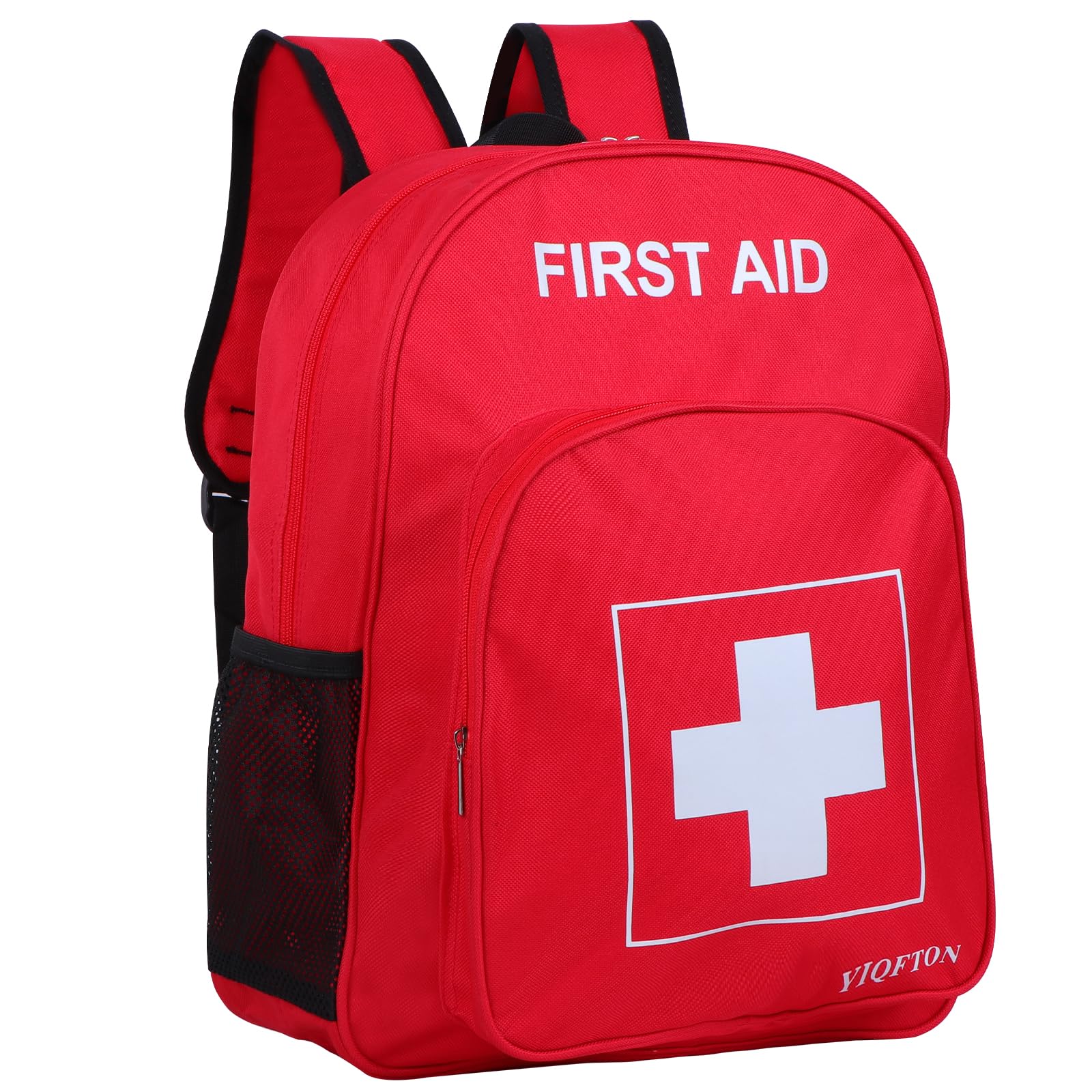 YIQFTON front view of red empty first aid backpack for fast identification