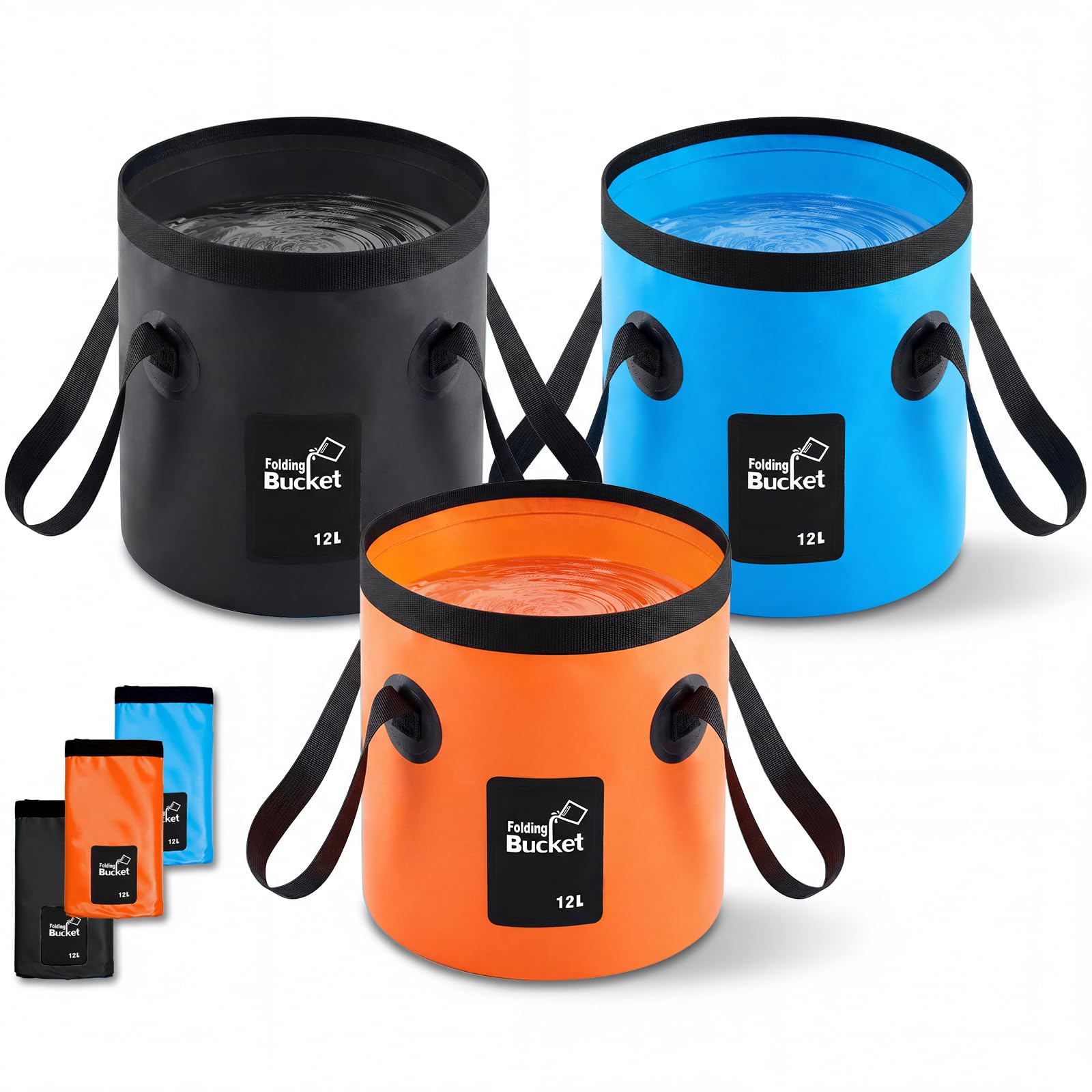 Yiyiring three-pack front view showing compact, ready-to-use buckets for trips