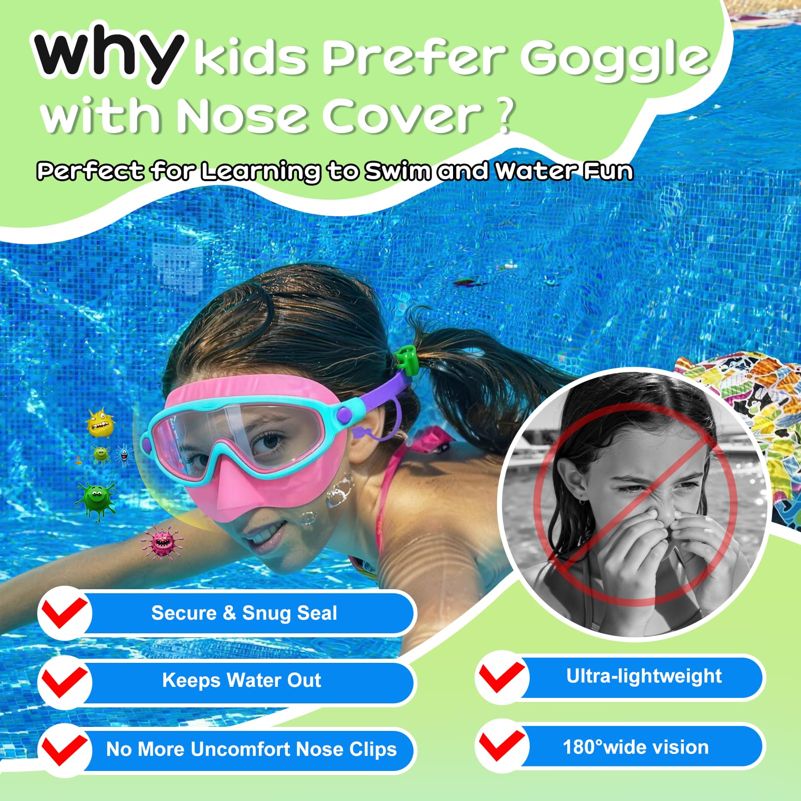 YLKJSWIM close-up of 3D silicone nose cover showing snug fit and comfort