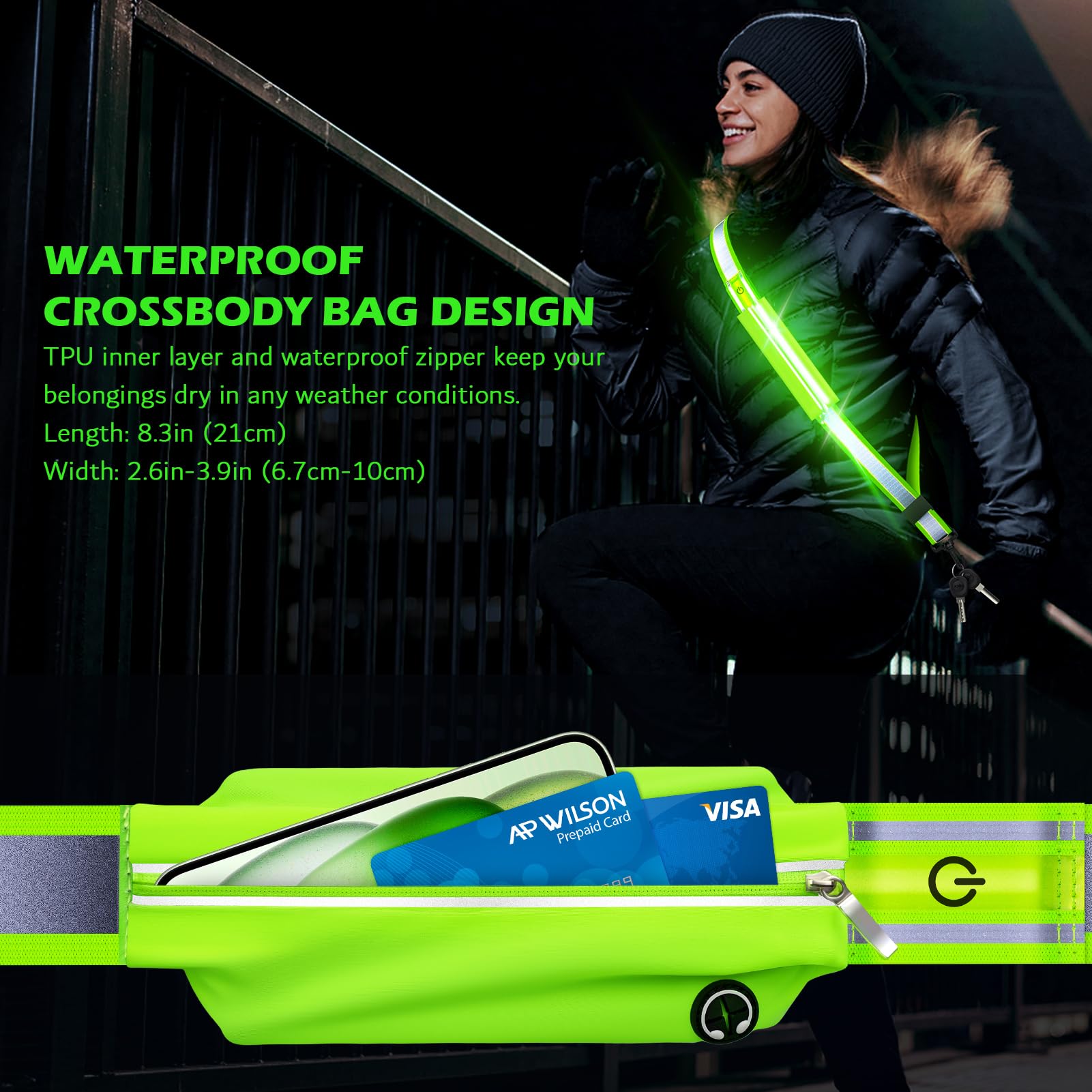 Ylzzrs worn by walker at night illustrating improved visibility and hands-free use