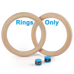YOELVN front view of wooden gymnastic rings set showing complete package and benefits