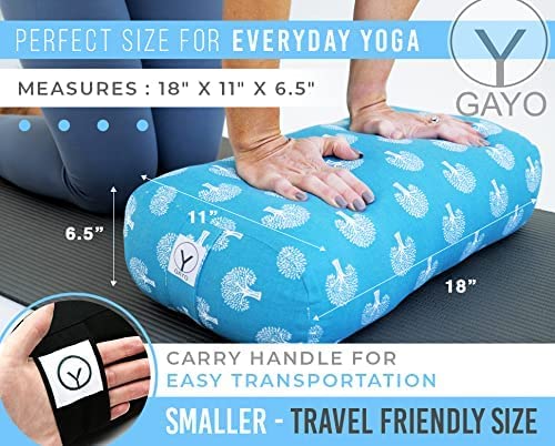 Y O GAYO bolster beside yoga mat to show compact size and portability
