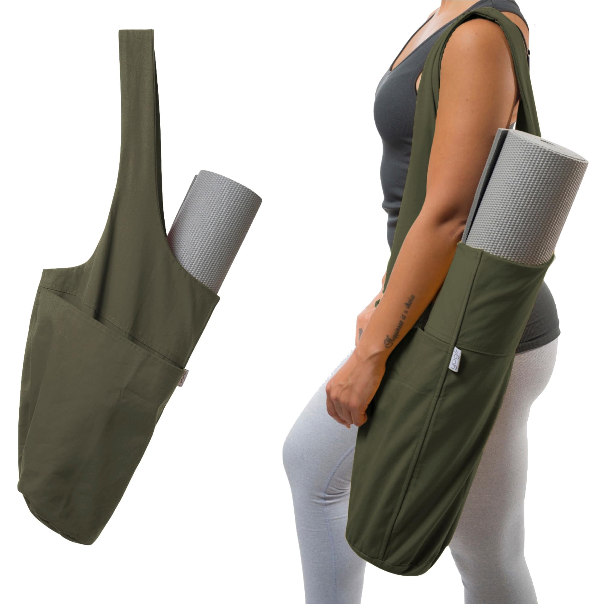 Yogiii tote on a studio bench with mat and towel for hands-free transport benefit