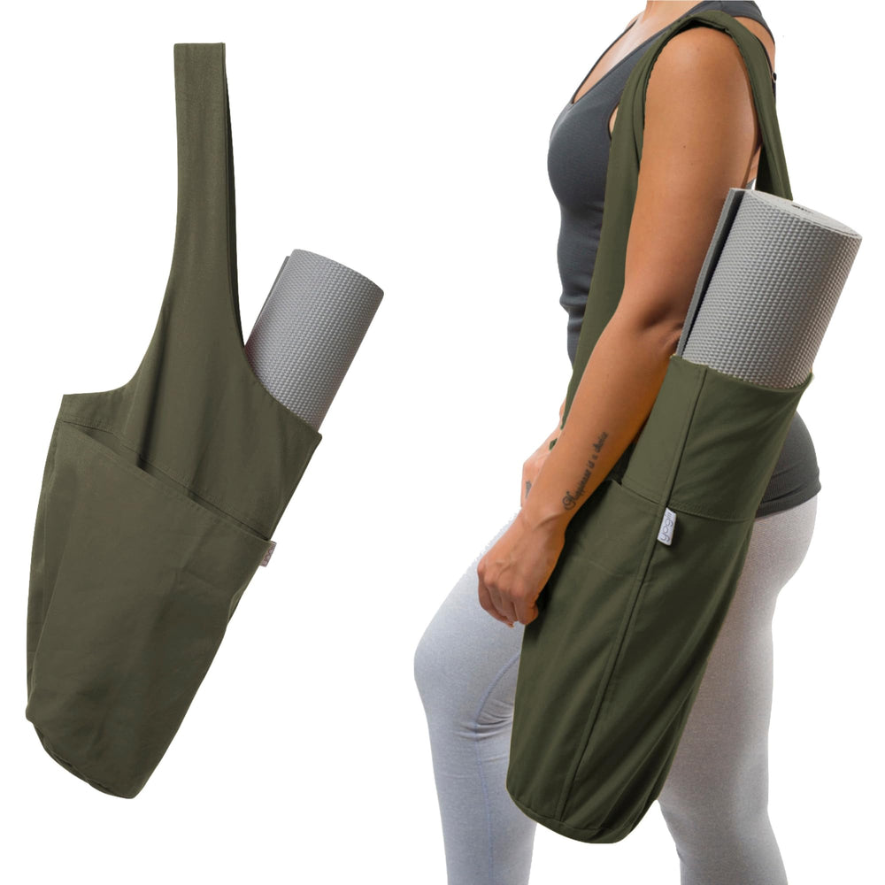 Yogiii tote on a studio bench with mat and towel for hands-free transport benefit