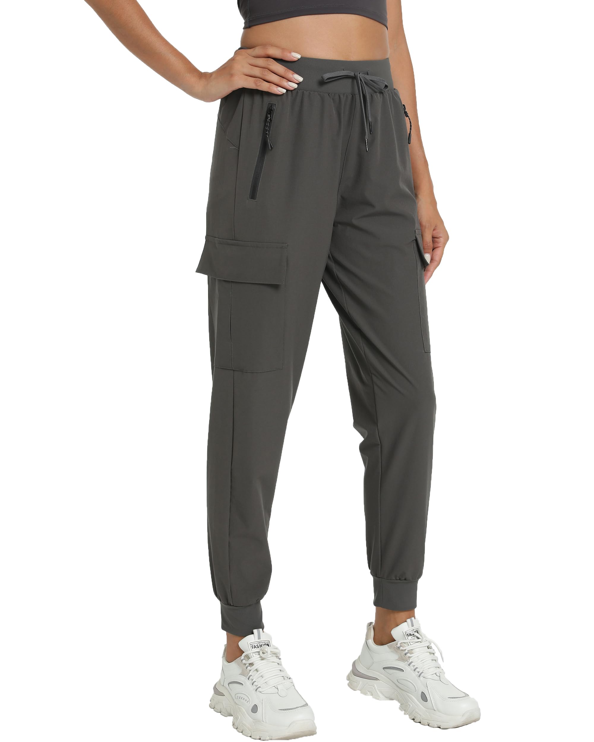 Yoglegins front view grey joggers showing athletic fit and pockets for versatile wear