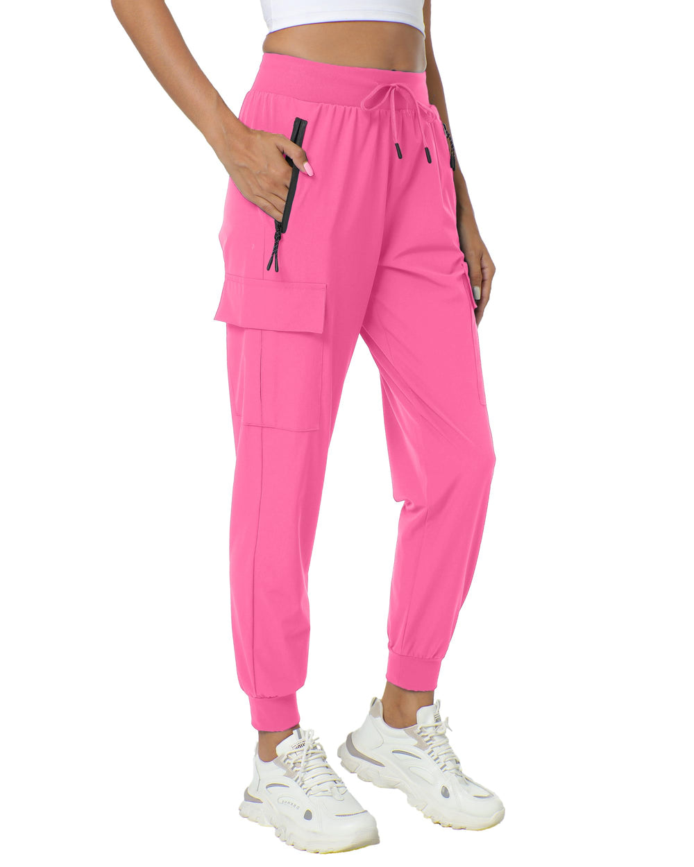 Yoglegins front view hot pink joggers showing sleek fit and practical pockets
