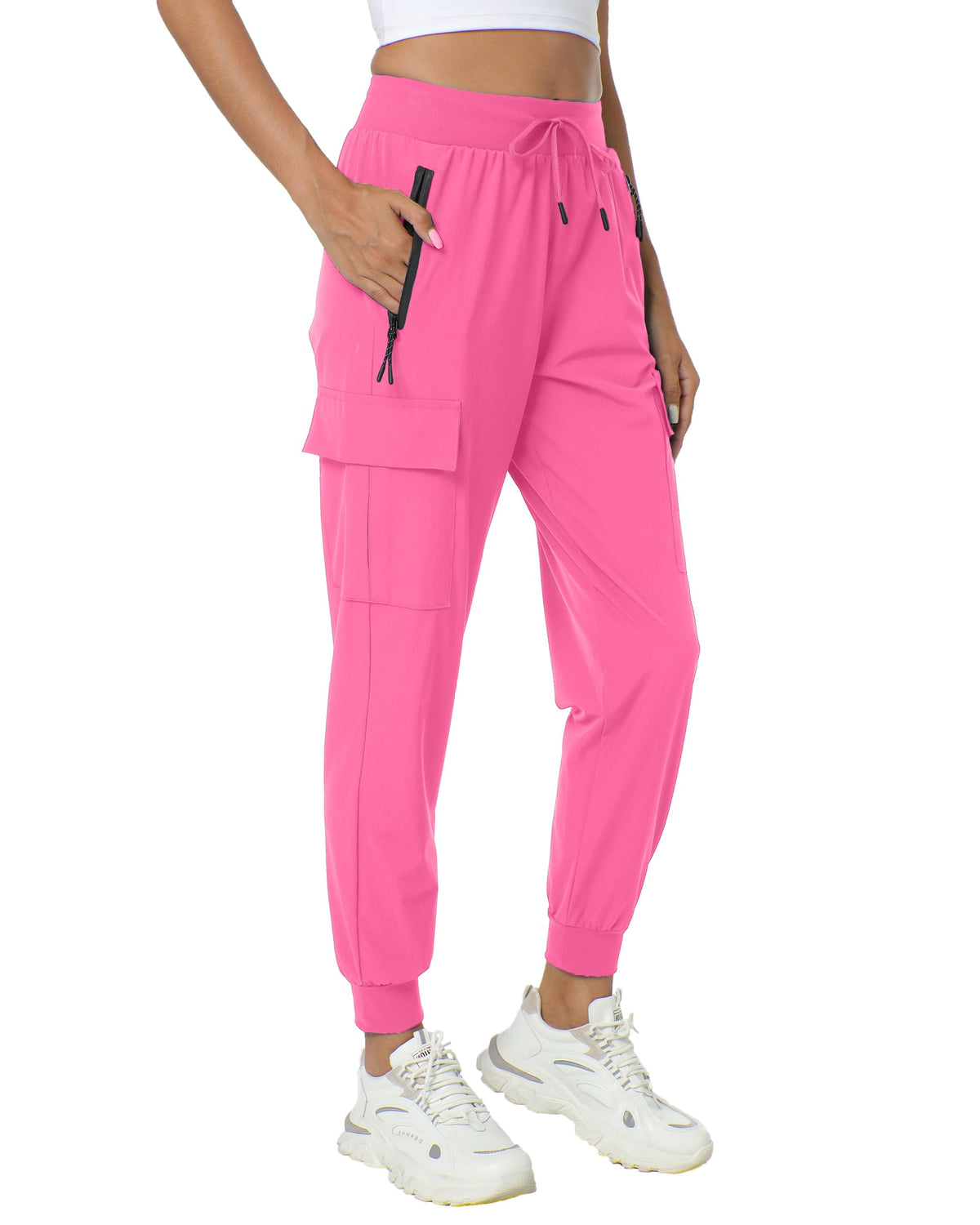 Yoglegins front view hot pink joggers showing sleek fit and practical pockets