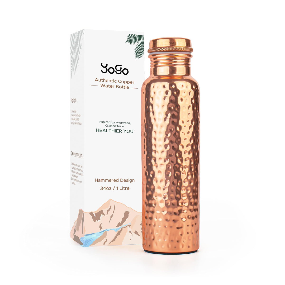 YoGo copper bottle front view showing elegant hammered finish and capacity benefit